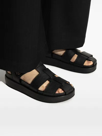 Tory Burch Kira Black Sandals With Logo Plaque In Grained Leather Woman In Black
