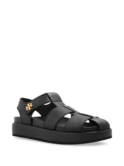 Tory Burch Kira Black Sandals With Logo Plaque In Grained Leather Woman In Black