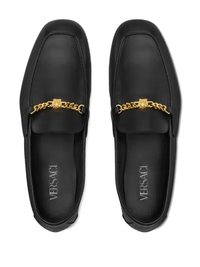 Versace Loafers With Chain Detail And Gold-tone Hardware In Black