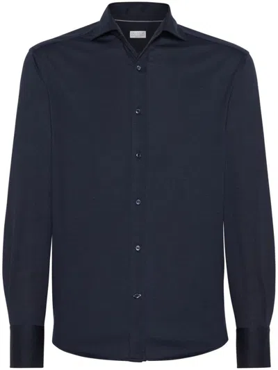 Brunello Cucinelli Men Silk And Cotton Jersey Shirt With Spread Collar In Blue