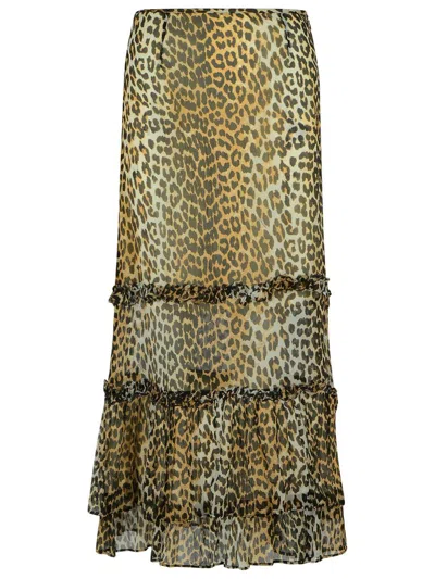 Ganni Animal Print Flared Layered Leopard Skirt In Brown