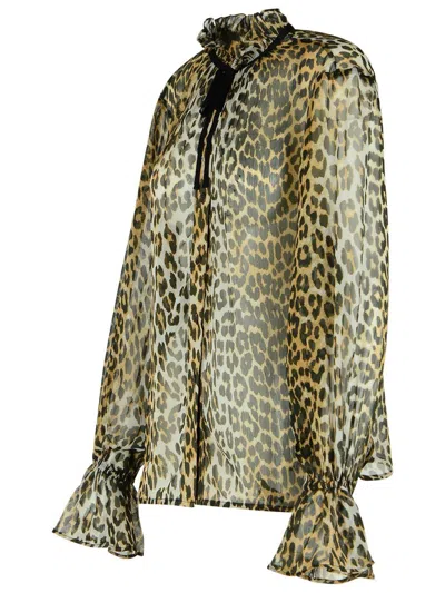 Ganni Leopard Print Viscose Shirt With Flared Hem In Brown