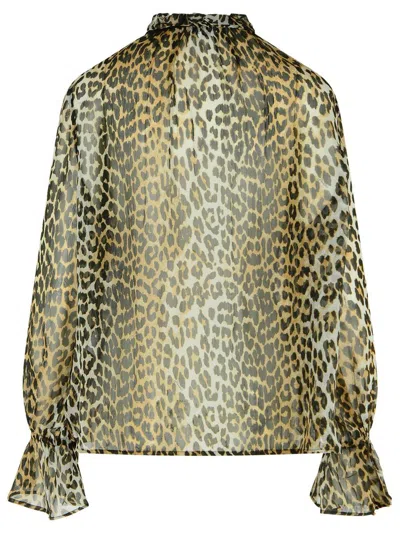 Ganni Leopard Print Viscose Shirt With Flared Hem In Brown