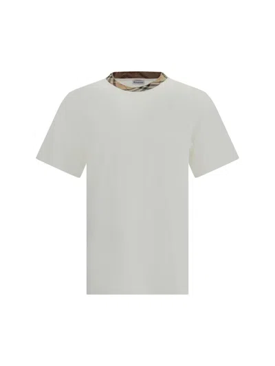 Burberry White Crewneck T-shirt With Check Motif On The Collar In Cotton Man