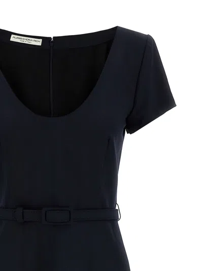 Alessandra Rich Light Wool Midi Dress With Belted Waist In Black