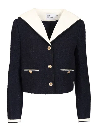 Self-portrait Belted Waist Short Jacket With Stripe Trim