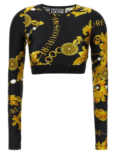 Versace Jeans Couture Black Longsleeve Tops With All-over Baroque Print In Multi