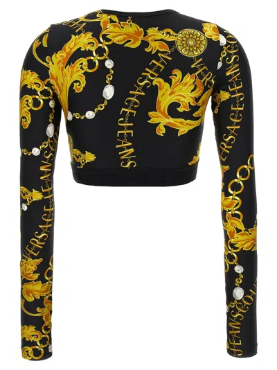 Versace Jeans Couture Black Longsleeve Tops With All-over Baroque Print In Multi