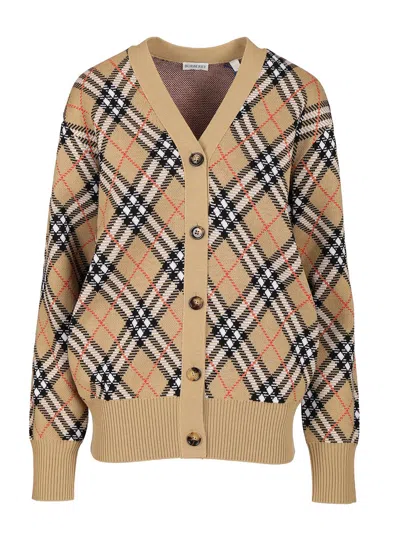 Burberry Wool And Mohair Blend Check Cardigan Women In Brown