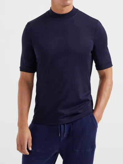 Brunello Cucinelli Contrasting-trims Solid T-shirts In Blue