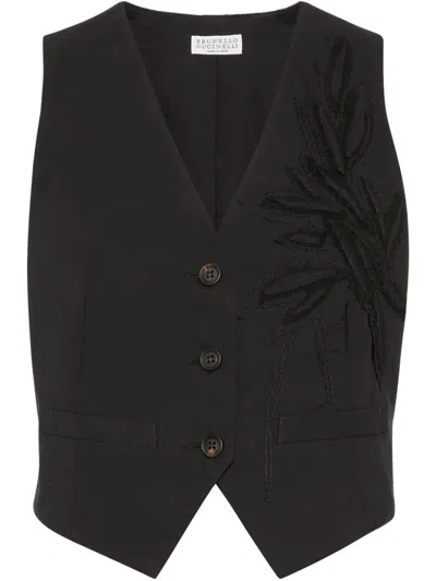 Brunello Cucinelli Herbarium Embroidered Poplin Vest In Black