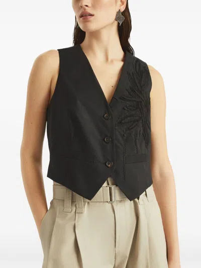 Brunello Cucinelli Herbarium Embroidered Poplin Vest In Black