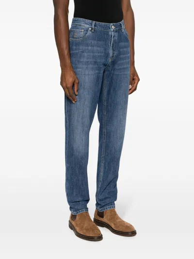 Brunello Cucinelli Light Blue Straight Leg Denim Jeans With Rolled Hem In Black