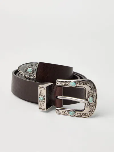 Brunello Cucinelli Leather Belt With Turquoise Stone Embellishments In Black