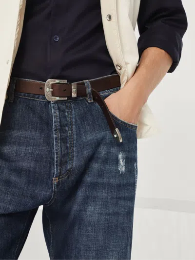 Brunello Cucinelli Leather Belt With Turquoise Stone Embellishments In Black