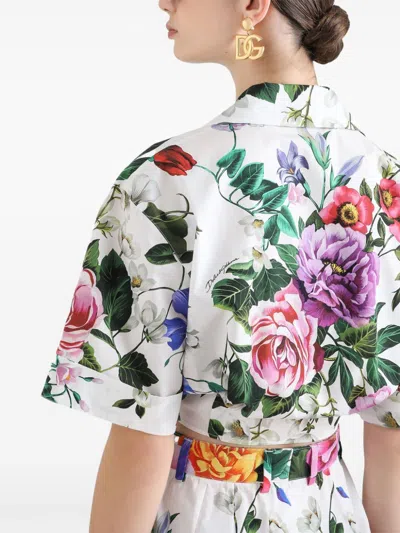 Dolce & Gabbana Multicolor Crop Shirt With All-over Floral Motif And Logo Lettering Detail On The Front In Cotton Wo In White