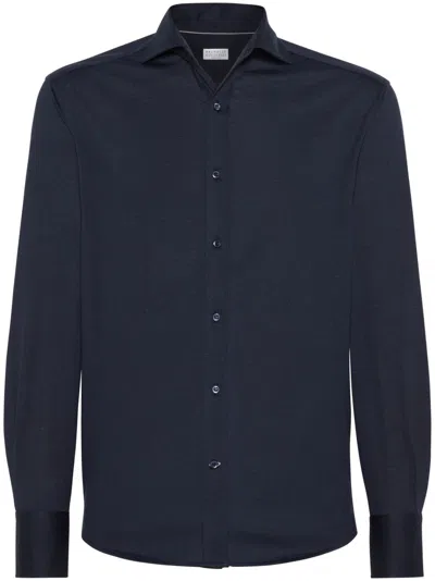 Brunello Cucinelli Men Silk And Cotton Jersey Shirt With Spread Collar In Blue