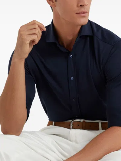 Brunello Cucinelli Men Silk And Cotton Jersey Shirt With Spread Collar In Blue