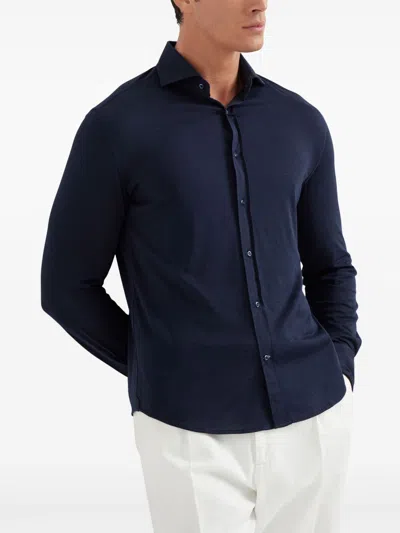 Brunello Cucinelli Men Silk And Cotton Jersey Shirt With Spread Collar In Blue