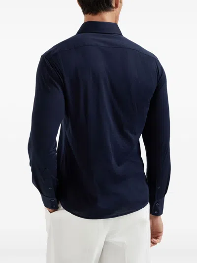Brunello Cucinelli Men Silk And Cotton Jersey Shirt With Spread Collar In Blue