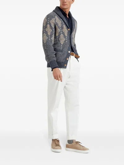 Brunello Cucinelli Men Silk And Cotton Jersey Shirt With Spread Collar In Blue