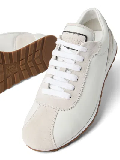 Brunello Cucinelli Embellished Suede-trimmed Stretch-knit Sneakers In White