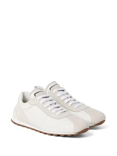 Brunello Cucinelli Embellished Suede-trimmed Stretch-knit Sneakers In White