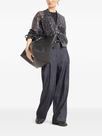 Brunello Cucinelli Cotton Wide Leg Denim Effect Pants In Blue In Blue