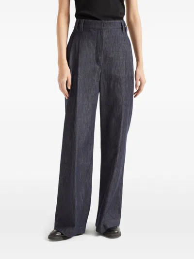Brunello Cucinelli Cotton Wide Leg Denim Effect Pants In Blue In Blue