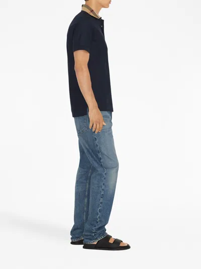 Burberry Cody Polo Shirt With Check Collar In Blue