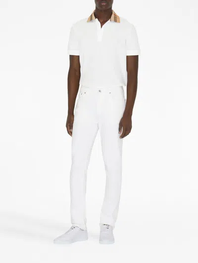 Burberry Check-collar White Polo Shirt With Three-button Placket In White