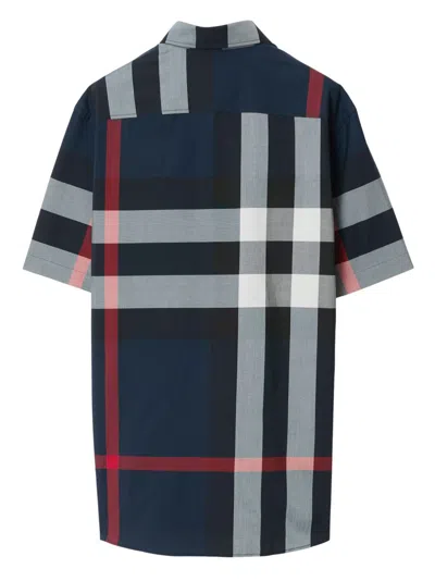 Burberry Men Check Cotton Shirt In Blue