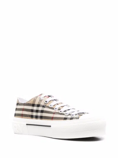Burberry Beige Cotton Sneakers With Casual Chic Check Pattern In Neutral