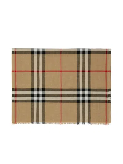 Burberry Beige Check Wool And Silk Blend Scarf