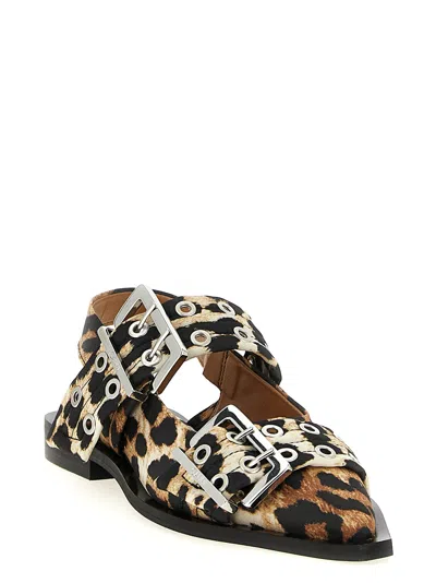 Ganni Multicolor Ballet Shoes With Double Buckle And All-over Leopard Print