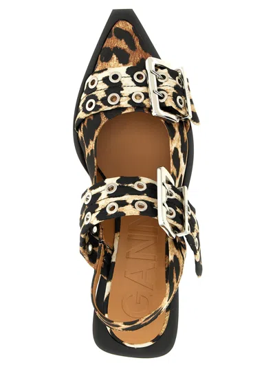 Ganni Multicolor Ballet Shoes With Double Buckle And All-over Leopard Print