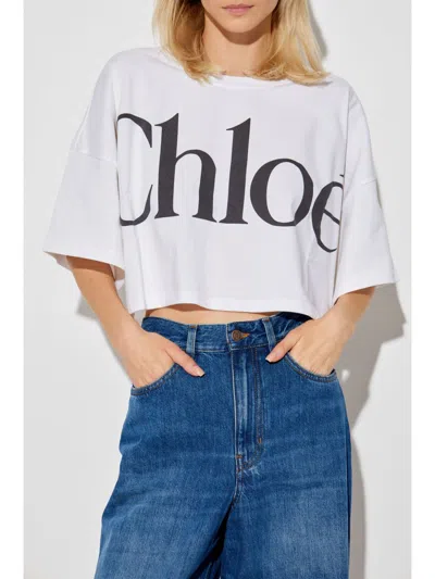 Chloé White Cropped T-shirt With Logo Lettering Print In Cotton Woman
