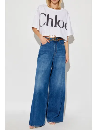 Chloé White Cropped T-shirt With Logo Lettering Print In Cotton Woman