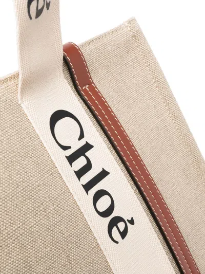 Chloé Neutral Woody Medium Canvas Tote Bag