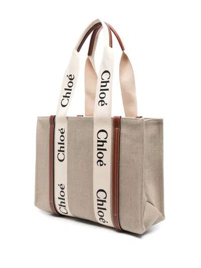 Chloé Neutral Woody Medium Canvas Tote Bag