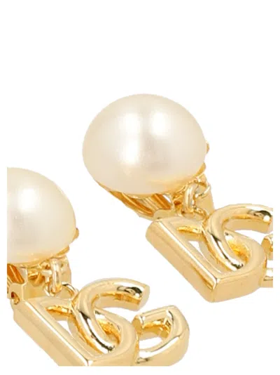 Dolce & Gabbana Logo Faux Pearl Earrings In Gold