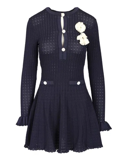 Self-portrait Self Portrait Women Perforated Knit Short Dress With Removable Lace Brooch In Blue