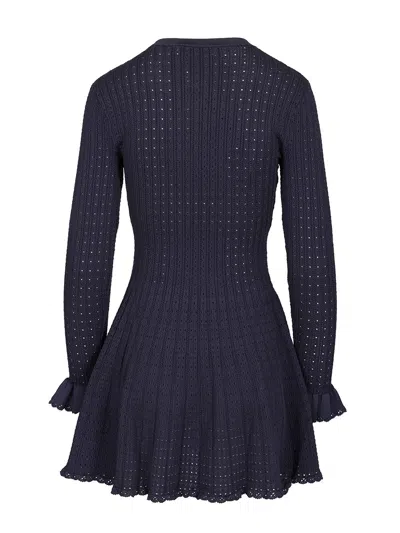 Self-portrait Self Portrait Women Perforated Knit Short Dress With Removable Lace Brooch In Blue