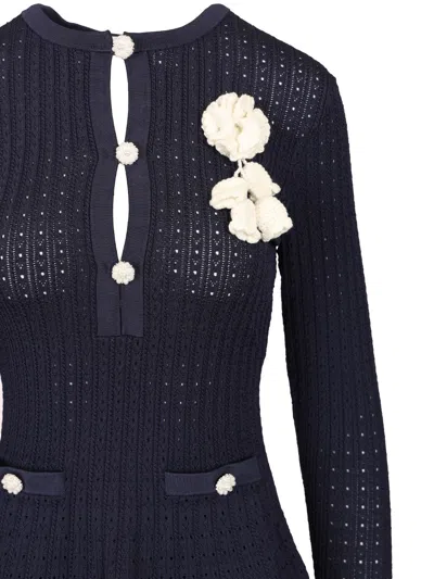 Self-portrait Self Portrait Women Perforated Knit Short Dress With Removable Lace Brooch In Blue