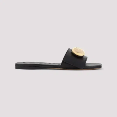 Loewe Elegant Black Calf Leather Sandals With Gold Embellishment In Black
