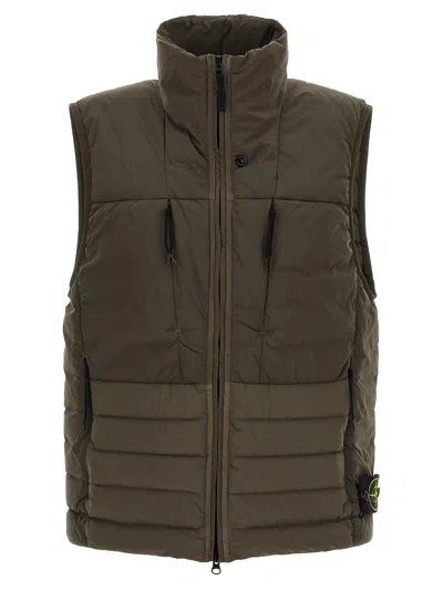 Stone Island Quilted High Collar Sleeveless Side Pockets Vest In Green