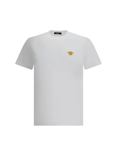Versace White Crewneck T-shirt With Medusa Embroidery On The Front In Cotton Man
