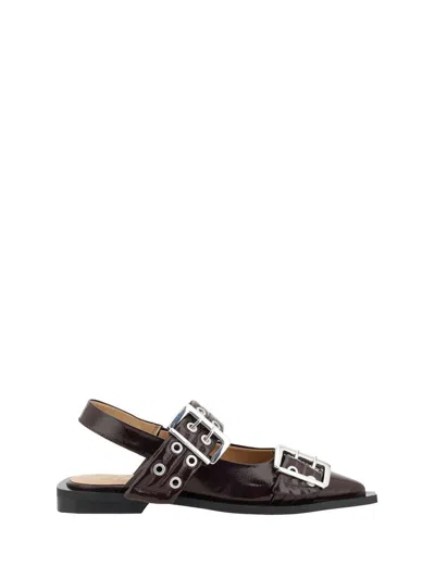Ganni Pointed Toe Black Ballerinas With Eyelet-accented Buckle Detail In Black