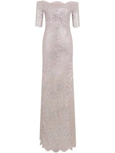 Rabanne Fitted Off-the-shoulder Lace Midi Dress With Silver Accents In Gray