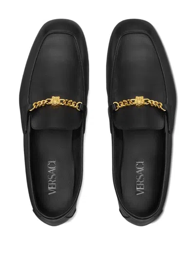 Versace Loafers With Chain Detail And Gold-tone Hardware In Black